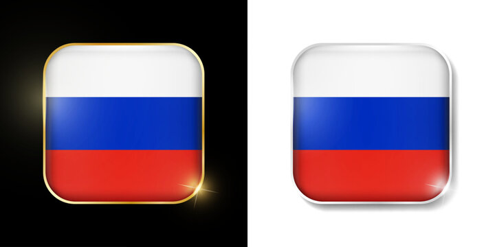 Russia flag shiny golden and silver icons isolated on black and white. Vector 3D square rounded illuminated buttons with shadow. Use for bets, tournament, sport games
