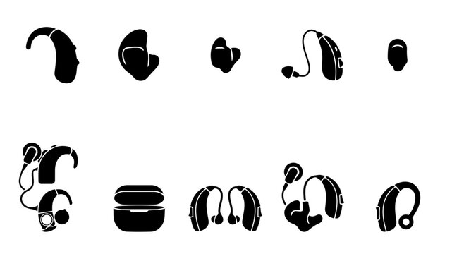 Hearing Aid Icons &ndash; Audiology Devices, BTE, ITE, Cochlear and Assistive Hearing Silhouettes