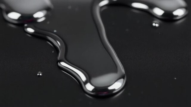 Glossy black liquid drips across a dark surface. Tiny droplets scatter around the main flow. The liquid reflects light with a smooth, shiny curve. Its movement suggests fluidity and quiet motion