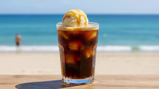 Cold coffee float with vanilla ice cream and caramel drizzle on a beach table. Refreshing summer beverage at ocean view. Delicious dessert drink for vacation.