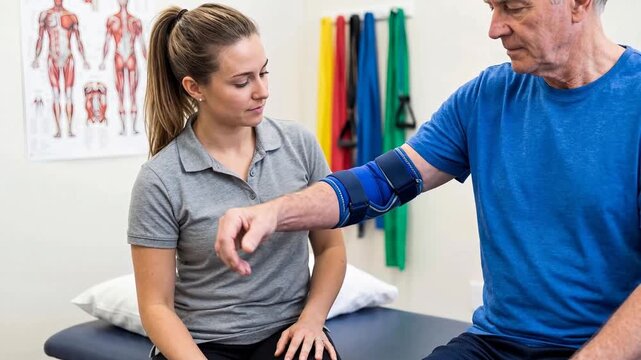 Professional female physiotherapist adjusting elbow brace for senior patient and checking his range of motion during arm rehabilitation session