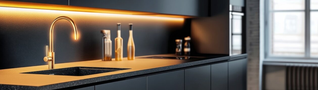 Luxurious modern kitchen close-up golden accents shimmer against dark cabinetry, illuminated by soft under-cabinet light, creating a chic ambiance. Kitchen Design, Modern Interior