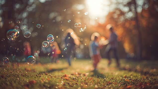 Gentle sunbeams illuminate a blurred outdoor scene with children playing and blowing bubbles