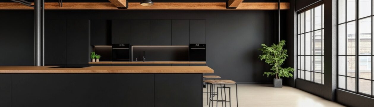 Modern Industrial Black Kitchen with Warm Wood Island, Sleek Cabinetry, Large Loft Windows and Exposed Beams for a Minimalist Urban Loft Interior. InteriorDesign, LoftStyle