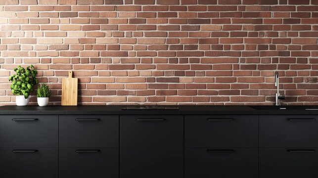 Modern Industrial Kitchen Interior Black Cabinets, Counter and Exposed Brick Wall. Minimalist Design Space with Plants, Faucet, Cooktop. Interior Design, Home Decor