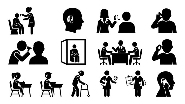 Audiology Service Icons &ndash; Hearing Care, Fitting, Consultation and Patient Silhouettes