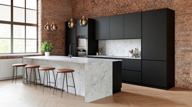 Modern Kitchen Interior Black minimalist cabinets, large marble island with stools, exposed brick wall and herringbone wood floor blend industrial and contemporary style. Kitchen,