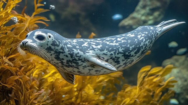 Young harbor seal swims in kelp forest