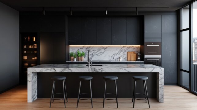 Modern Luxury Kitchen Wide shot showcasing sleek black cabinets, a striking marble island, underlit backsplash and a bright window. Elegant minimalist design, Kitchen Design, Modern