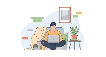 Fototapeta premium Man working from home on a laptop while sitting comfortably on a couch in a cozy living room setting, surrounded by decorative elements like a plant and a framed picture