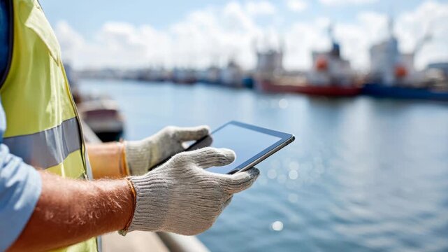 A port worker in a safety vest and gloves uses a tablet computer while standing at a harbor.