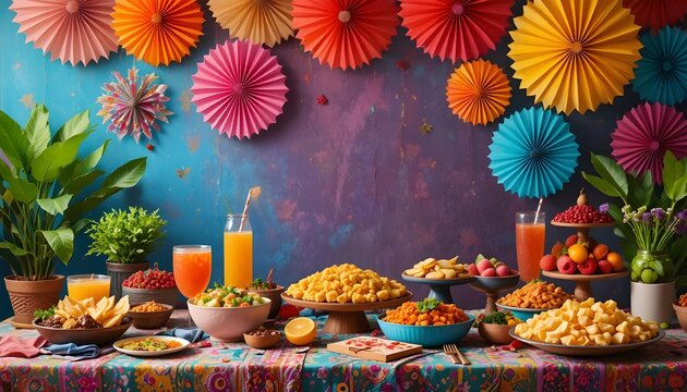 Vibrant fiesta table setting with colorful paper flowers food drinks and decorations for celebration