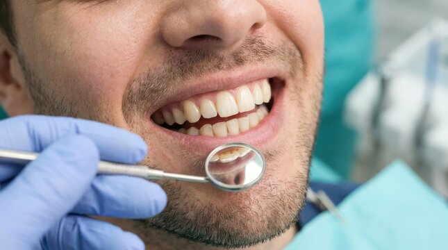 Close up of man smiling during dental check up, dentist examining teeth with small mirror.