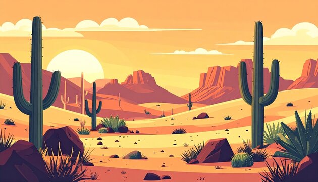 Desert landscape with cacti and mountains under a warm sunset sky