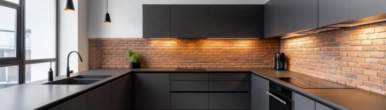Modern U-shape kitchen sleek matte black cabinets, exposed brick backsplash with warm lighting, integrated sink and cooktop. Industrial minimalist design. kitchen, interior design