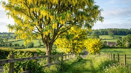 Fototapeta premium yellow bloom trees hanging over a narrow countryside lane, cascading golden blossoms beside wooden fence, green hedges, distant cottage, bright pastoral spring scenery with soft rural depth and light