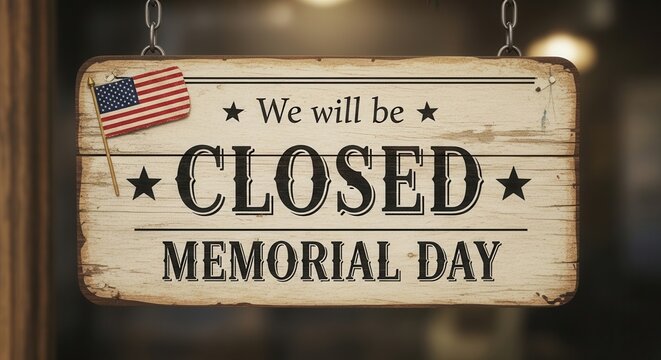 Memorial day closure sign with american flag decoration
