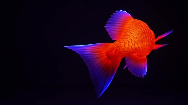 Glowing red fish with blue fins.