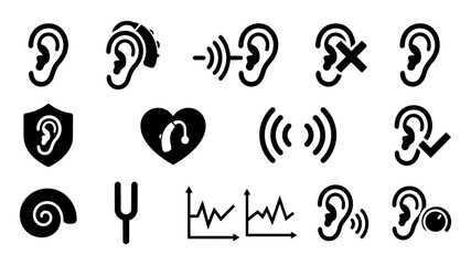 Hearing and Audiology Icons – Ear Health, Sound, Hearing Loss and Protection Silhouettes © Mediasegment