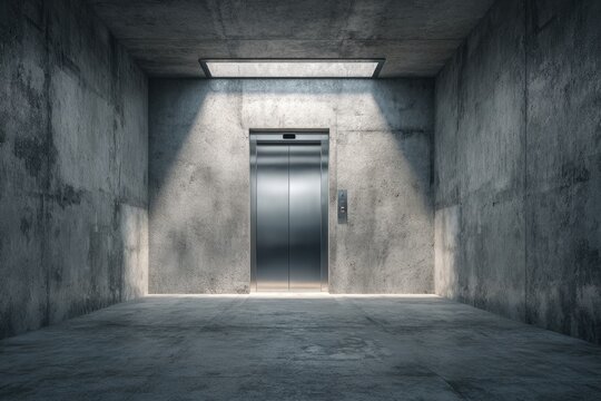Minimalist concrete room with modern metal elevator