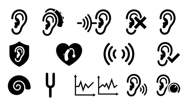 Hearing and Audiology Icons &ndash; Ear Health, Sound, Hearing Loss and Protection Silhouettes