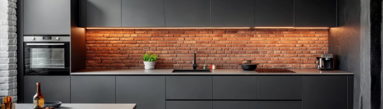 Sleek Dark Gray Kitchen with Warm Underlit Brick Backsplash. Modern Industrial Interior featuring Minimalist Appliances and Functional Design, Kitchen Interior, Home Decor