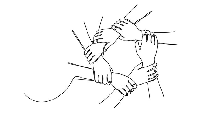 Continuous line drawing of hands joining together in unity and cooperation.