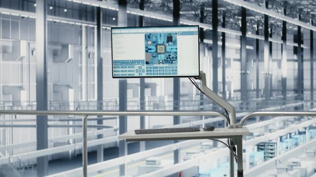 Developing advanced electronics, simulation software on display and empty microchip industry 4.0 plant. Optimizing semiconductor design, automation program technology and monitor