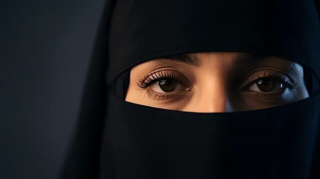 Cinematic Close-Up Portrait of Woman in Black Niqab with Expressive Eyes