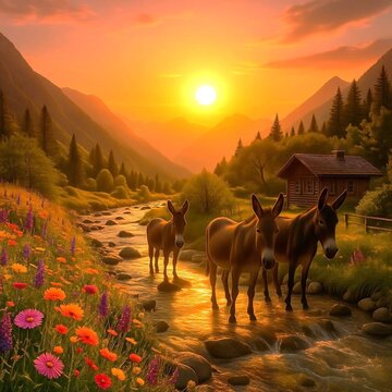 donkeys in the mountains near river surrounded  by plant and hut