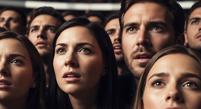 Diverse group of people looking up with expressions of awe and anticipation