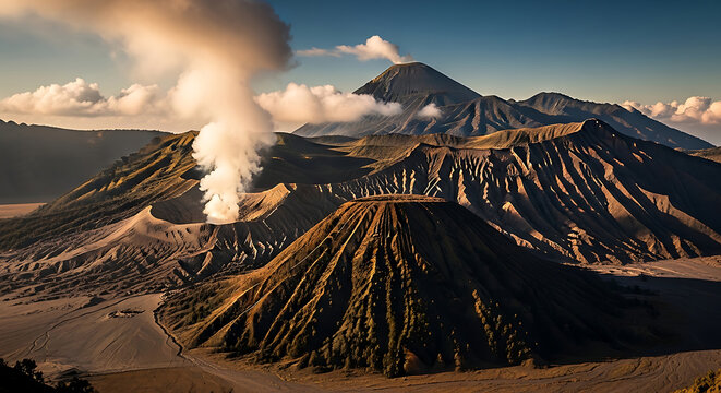 Breathtaking Sunrise View of Mount Bromo Active Volcano Erupting Smoke with Mount Batok and Semeru in Bromo Tengger Semeru National Park East Java Indonesia Landscape