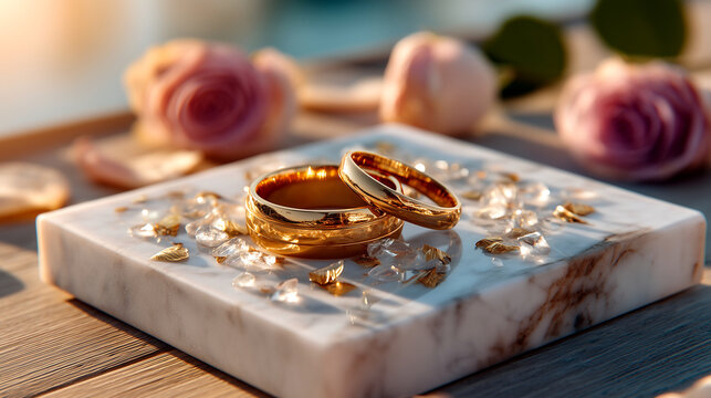 Elegant Gold Wedding Rings with Soft Pink Roses and Pearls on Marble