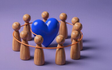 Obraz premium Wooden figures circle a blue heart symbolizing unity and care.