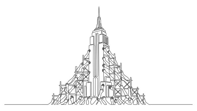 a black and white line drawing of a futuristic city tower.