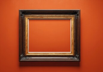 Fototapeta premium Ornate, empty vintage frame on vibrant, textured orange wall