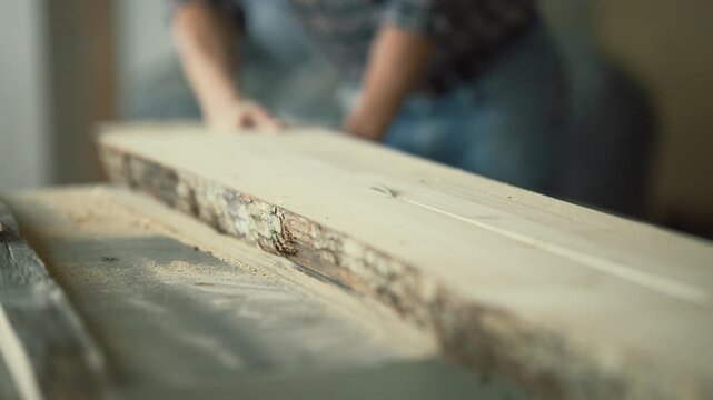 Carpenter using a belt sander on a wood plank