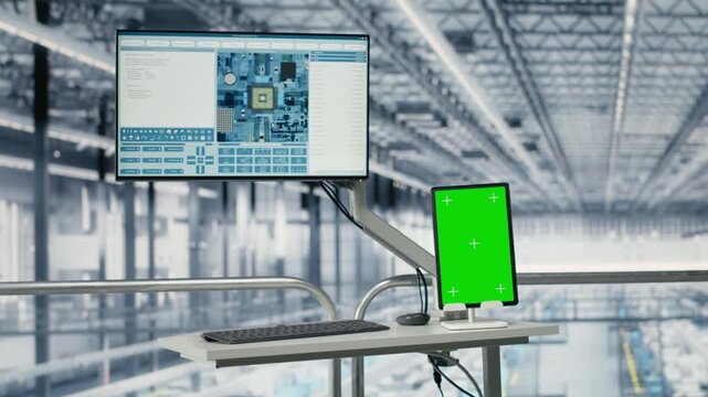 Green screen tablet in empty microchips manufacturing plant monitoring fabrication supply chain yield data. Mockup device app visualizing semiconductors factory production line bottlenecks