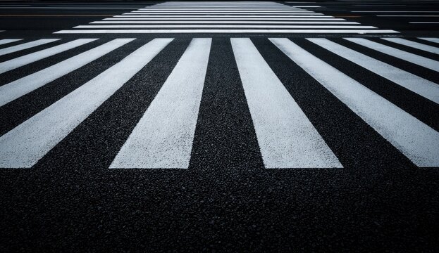 A low-angle perspective of a starkly defined black asphalt crosswalk