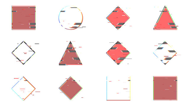 Collection of red colored glitch geometric shapes on transparent background.
