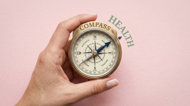 A hand holds a compass with health and compass words on pink