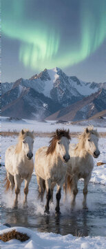 Surging Mongolian Horses in River Ford