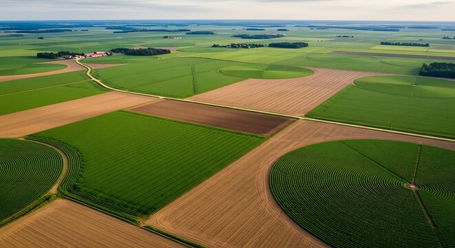 Vast agricultural landscape with circular irrigation patterns and farm buildings