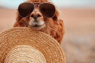 Fototapeta premium Close-up of a fluffy llama wearing sunglasses and holding a straw hat
