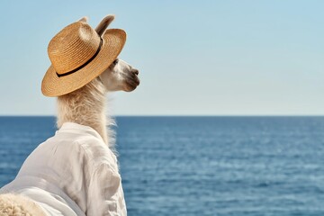 Fototapeta premium Llama wearing a straw hat and shirt looking out at the ocean