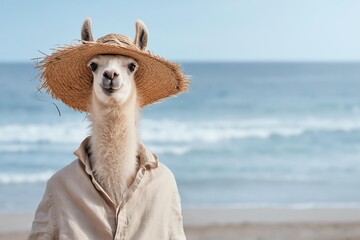 Fototapeta premium A llama wearing a straw hat and shirt on a beach, looking at the camera