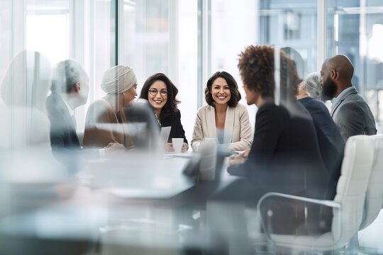 Diverse business team in a modern office meeting room, smiling and collaborating