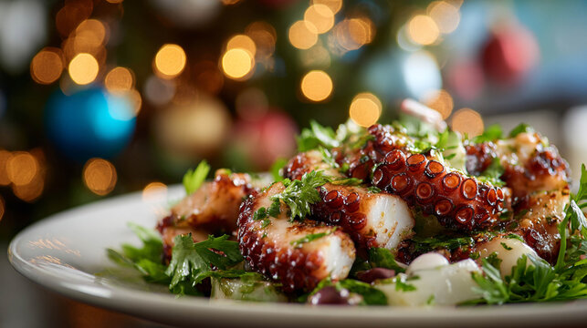 Portuguese Octopus Salad (Salada de Polvo) with Olive Oil and Parsley on Festive Christmas Table
