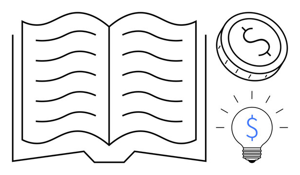 Education, financial planning, creative thinking, innovation, knowledge sharing, investment ideas. Open book, coin with dollar sign and lightbulb learning and growth. Education and finance