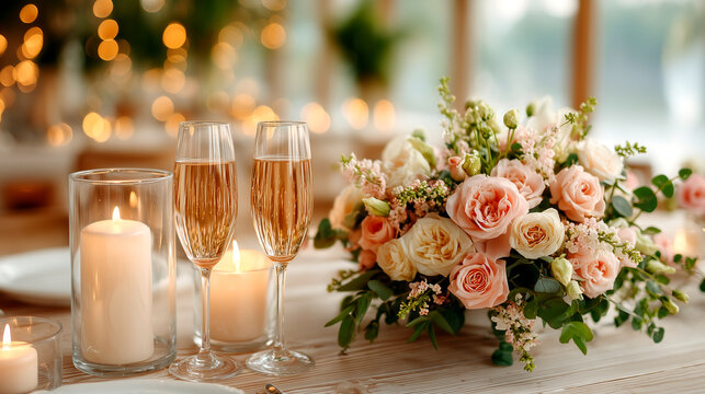 Chic Wedding Reception Table Setting with Blush Roses, Sparkling Wine, and Ambient Candles